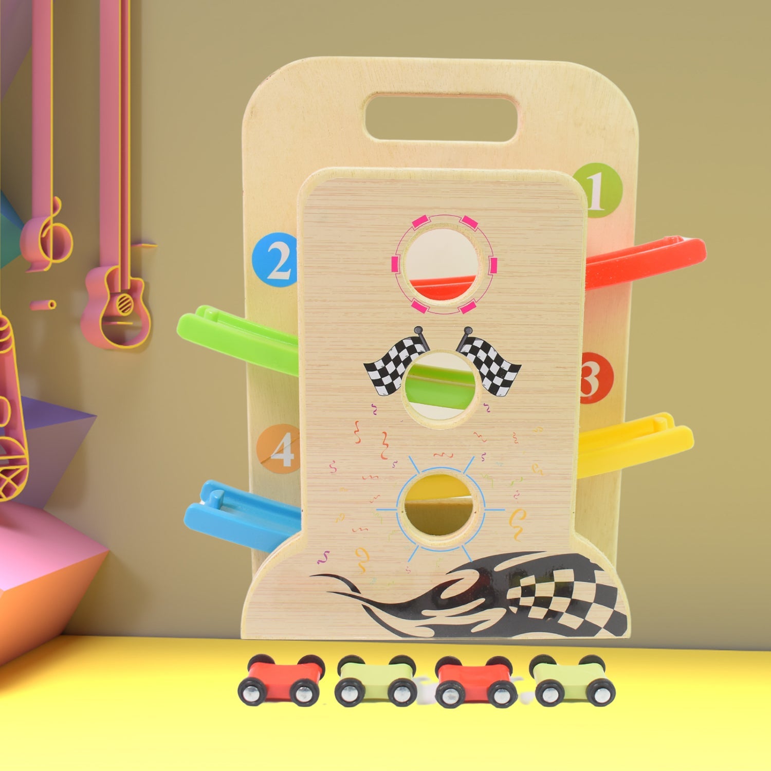 Wooden Ramp Racer Race Track Vehicle Play sets With 4 Mini Racers (with Handle) Wooden Ramp Racer Race Track Vehicle Play sets With 4 Mini Racers (with Handle)